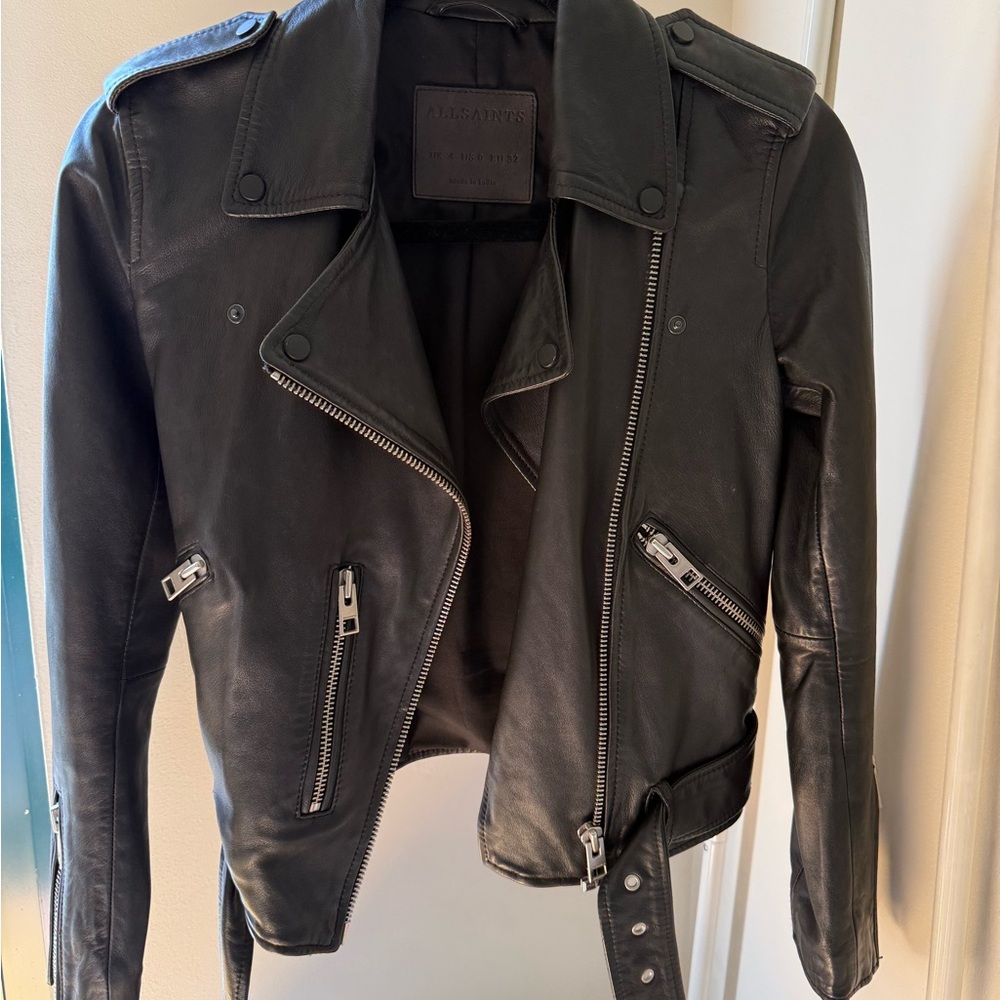 All Saints Black Leather Moto Jacket with Silver Hardware